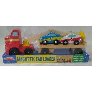 Melissa and Doug Wooden Car Loader Truck And 4 Cars With Magnetic Arm